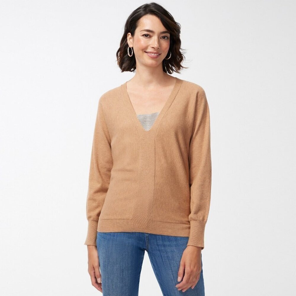 New Chico's Caviar Bead V-Neck Pullover Tan Sweater Size 1 US M